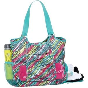 Thirty-One All Pro Large Tote gym bag multi pocket teal pink gray polka dots